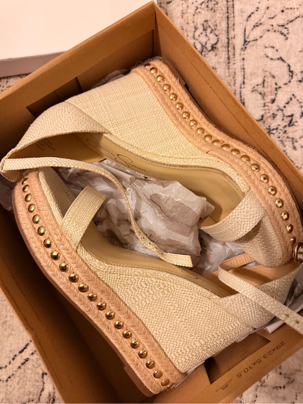 Jessica Simpson Cream Espadrille Wedge Sandals with Gold Stud Accents
